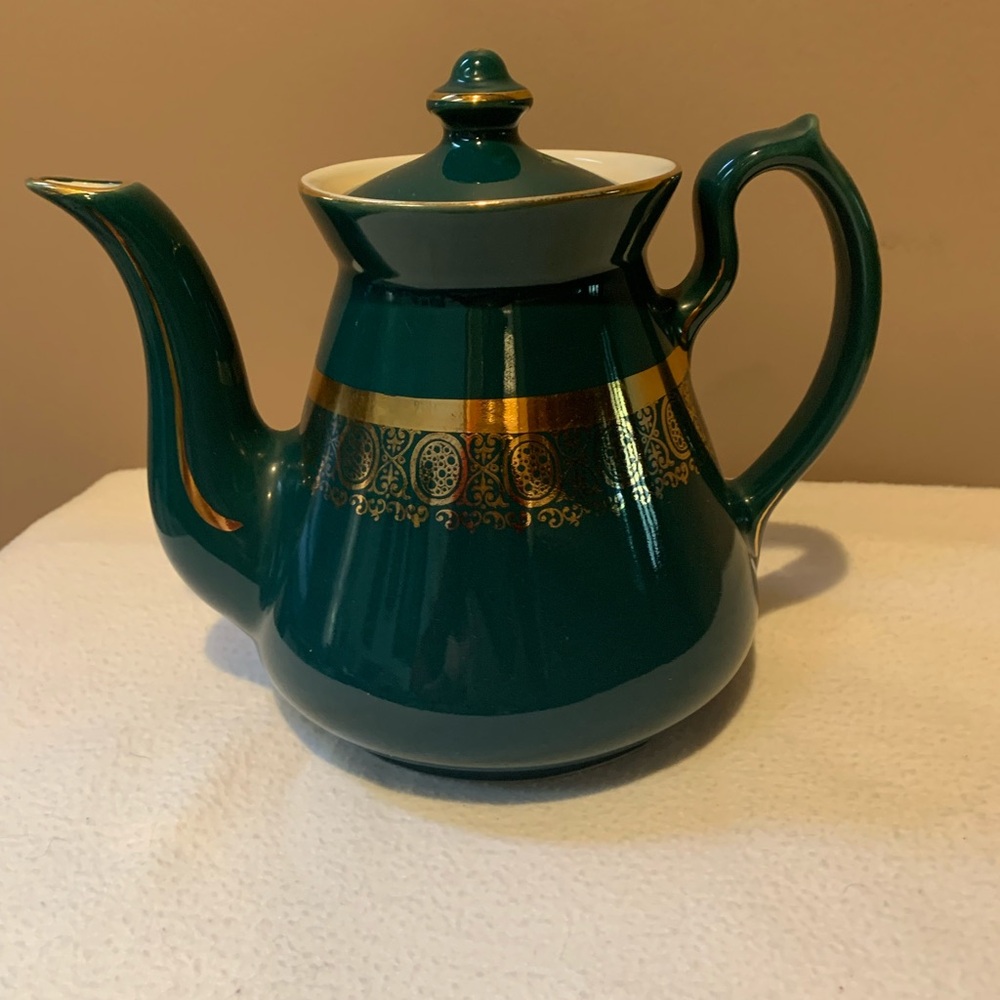 Vintage Hall Philadelphia Teapot Teal Green Ornate Gold Trim Design 6 Cup